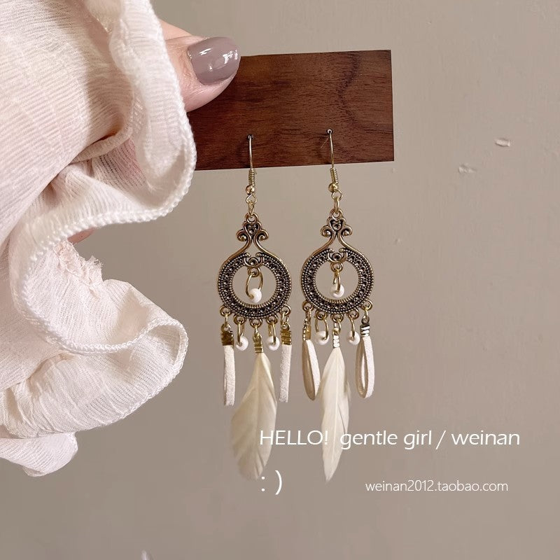 Wholesale Ethnic retro long multi-color holiday feather beaded circle earrings